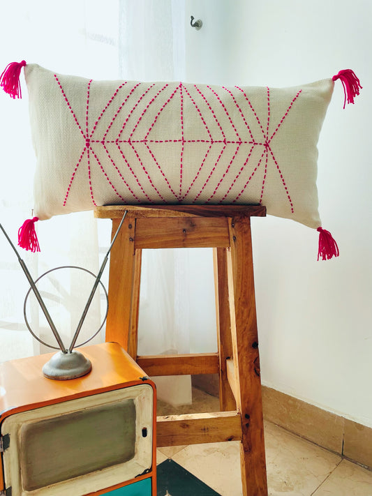 Off-white Cushion with Dark Pink Web Embroidery