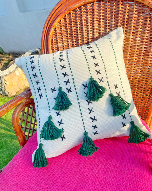 Off-white Cushion with Emerald Green Embroidery