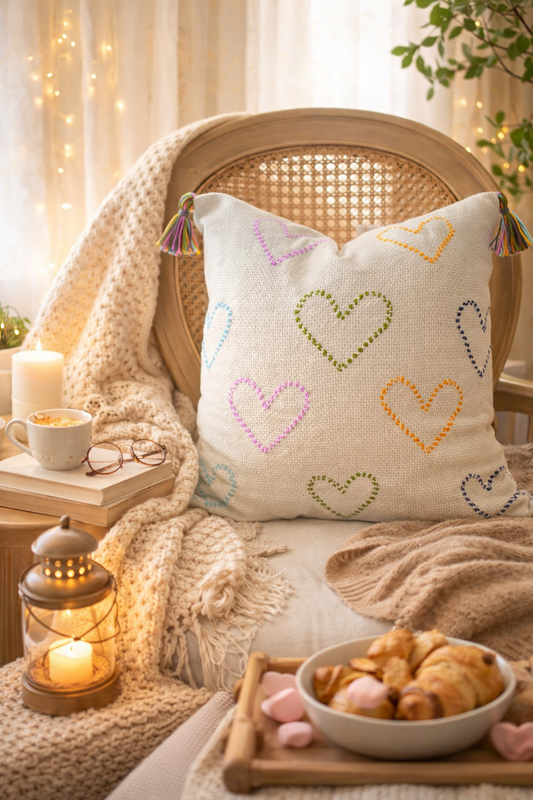 Hearts Cushion (Off-white with Multi-colored Embroidery)