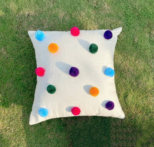 Off-white Cushion with Multi-colored Pom Poms