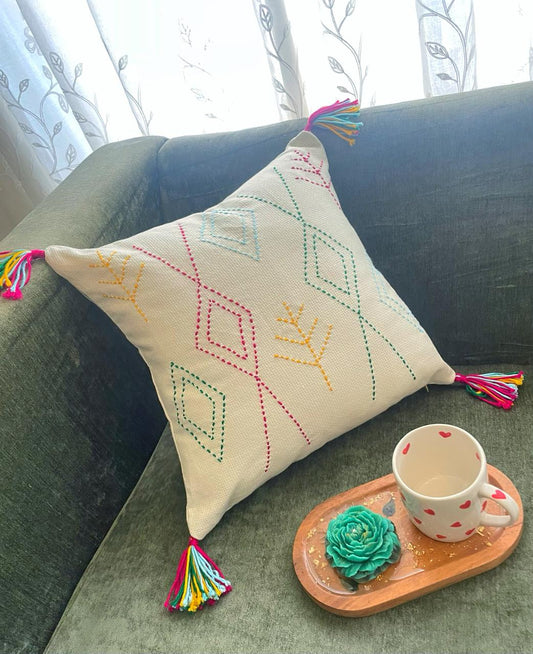 Off-white Cushion with Multi-colored Symbols Embroidery