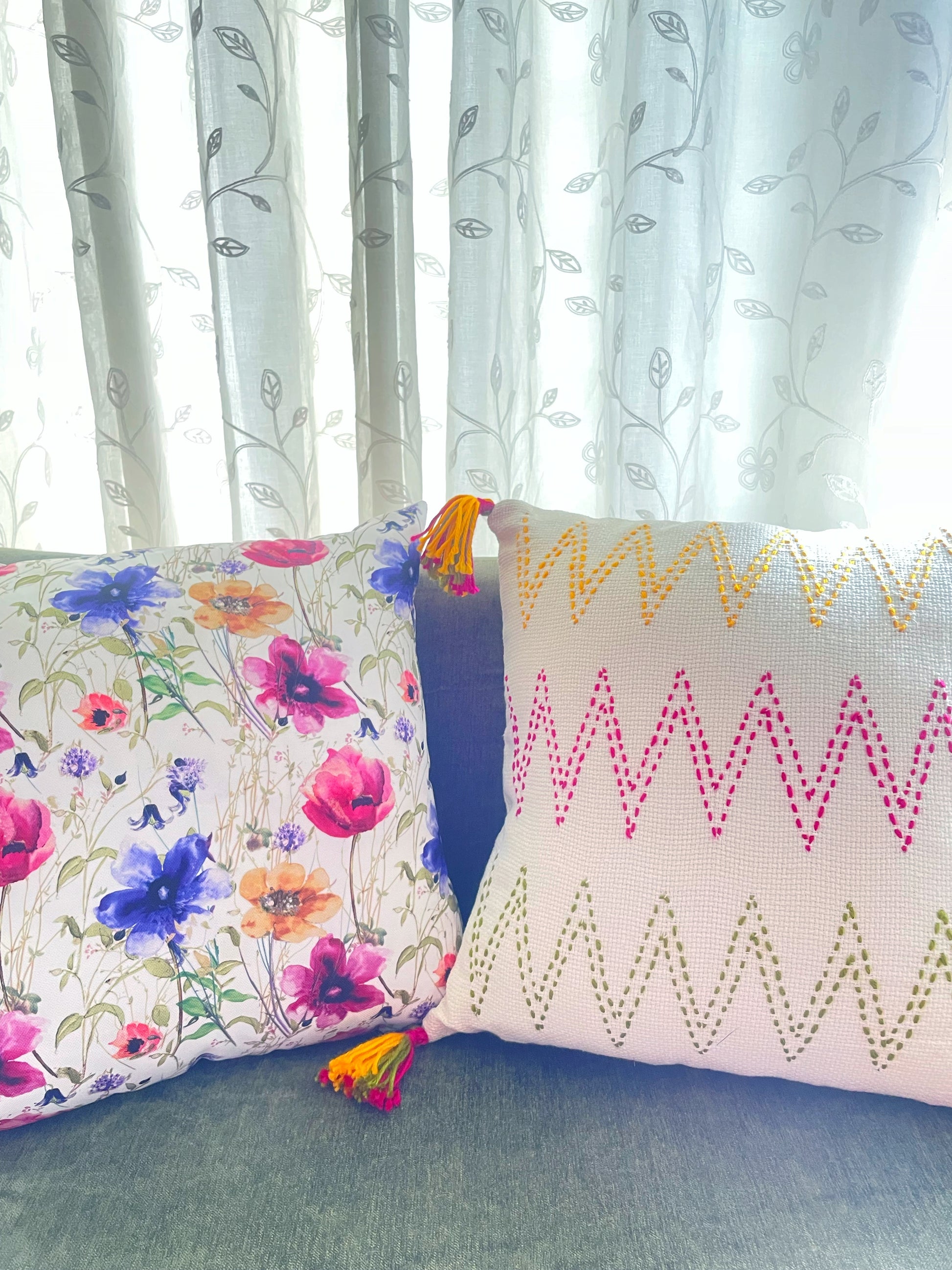 Off-white Cushion with Multi-colored Zig-Zag Embroidery