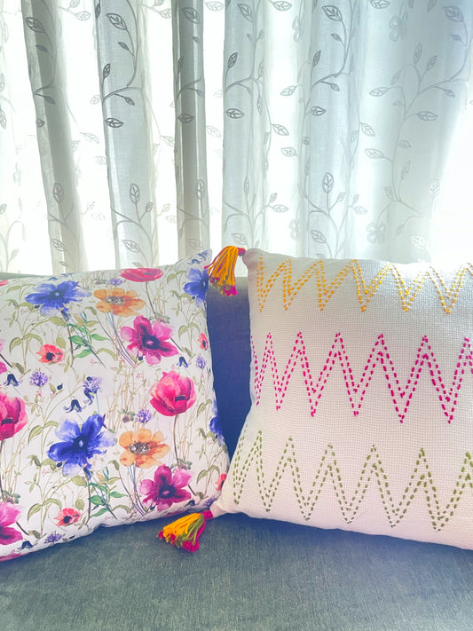 Off-white Cushion with Multi-colored Zig-Zag Embroidery