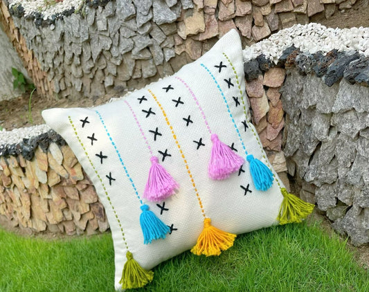 Off-white Cushion with MultiColored Embroidery and Small X's