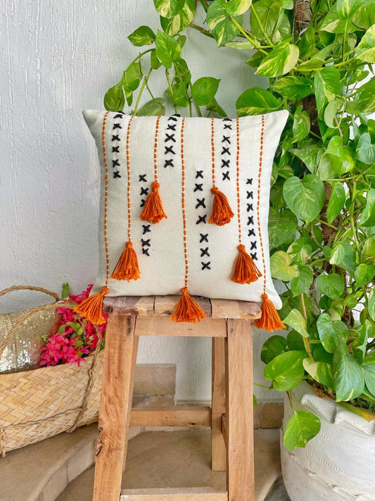 Off-white Embroidered Cushion with Small X's