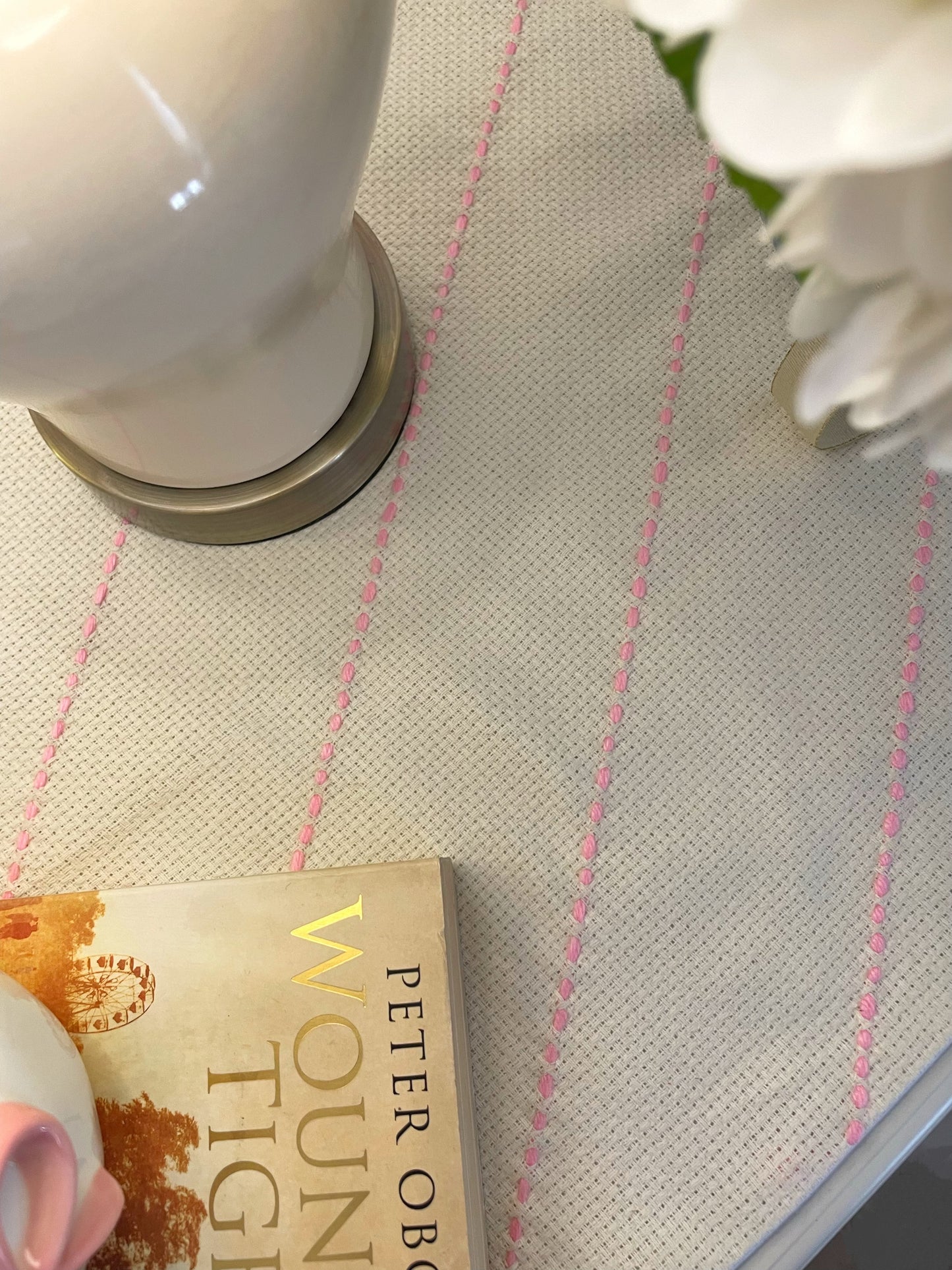 Off-white Textured Table Mat with Pink Embroidery