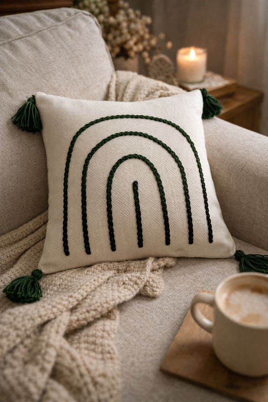 Arch Cushion (Off-white with Dark Green Embroidery)