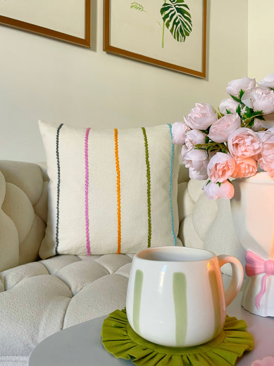 Off-white Cushion with MultiColored Embroidered Stripes