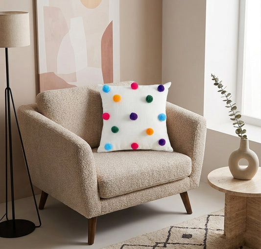 Pom Poms Cushion (Off-white with Multi-colored)