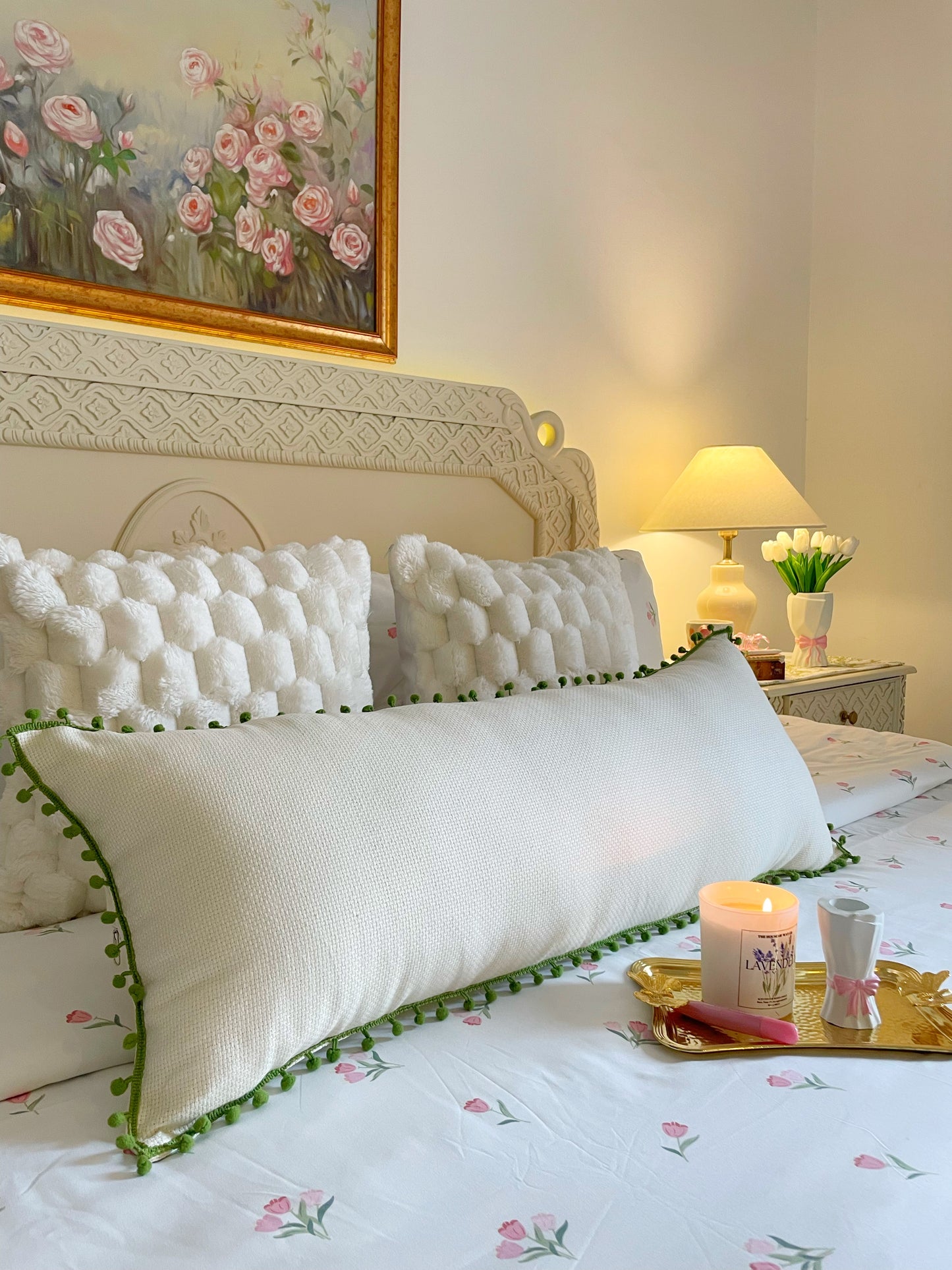Lumbar Cushion - Off white with Sage Green Pom Pom Lace