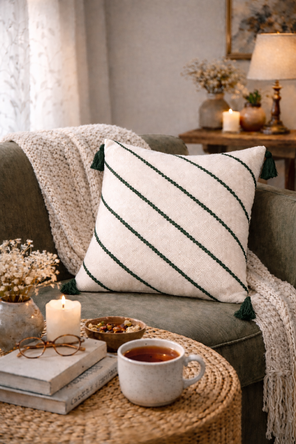 Diagonals Cushion (Off-white with Dark Green Embroidery)
