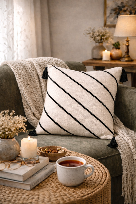 Diagonals Cushion (Off-white with Black Embroidery)