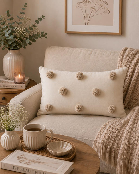 Pom Poms Cushion (Off-white with Beige)