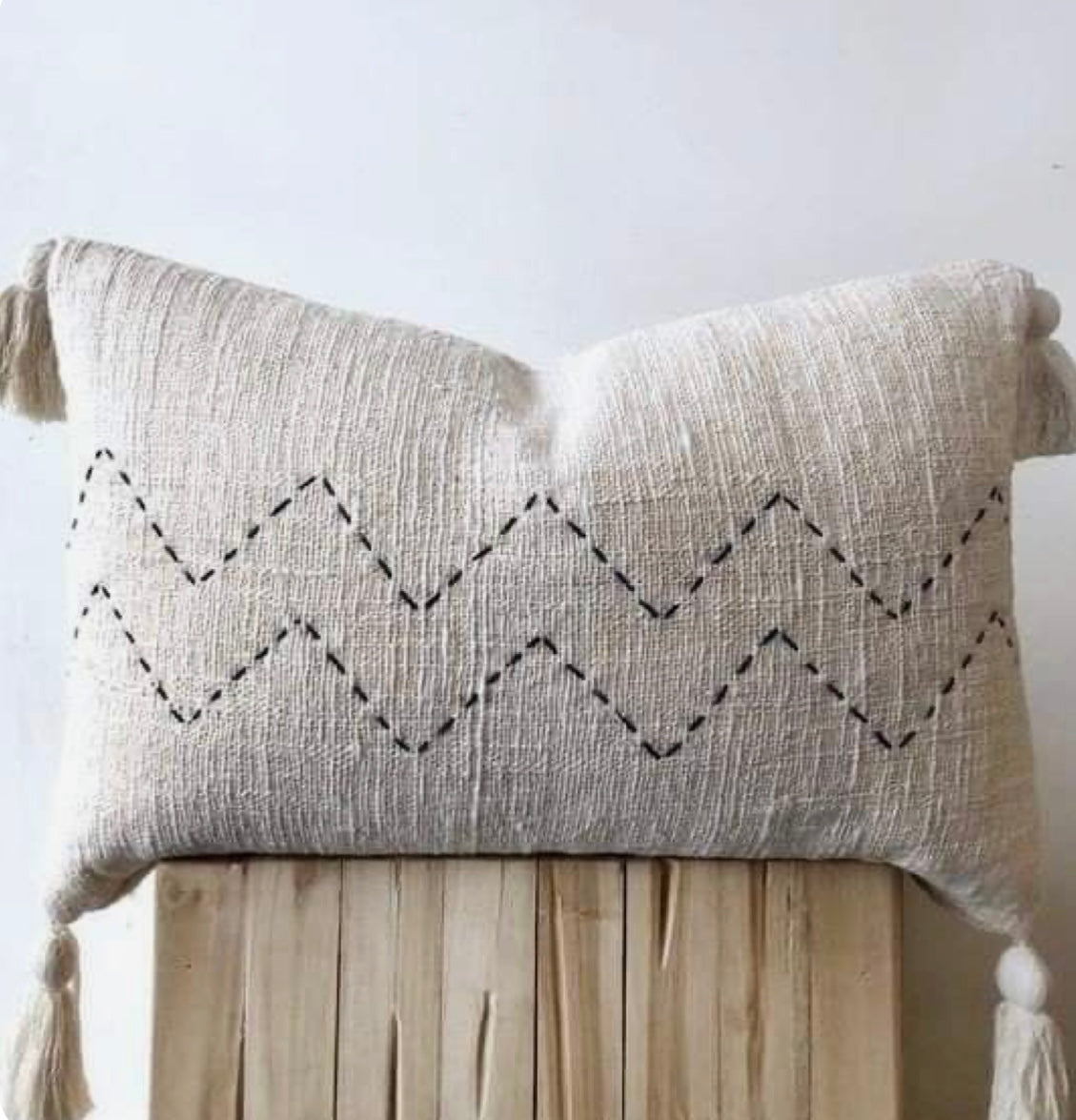 Off-white Cushion with Black Embroidered Waves