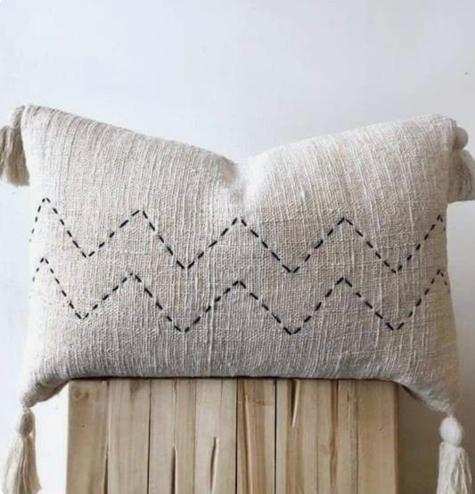 Off-white Cushion with Black Embroidered Waves
