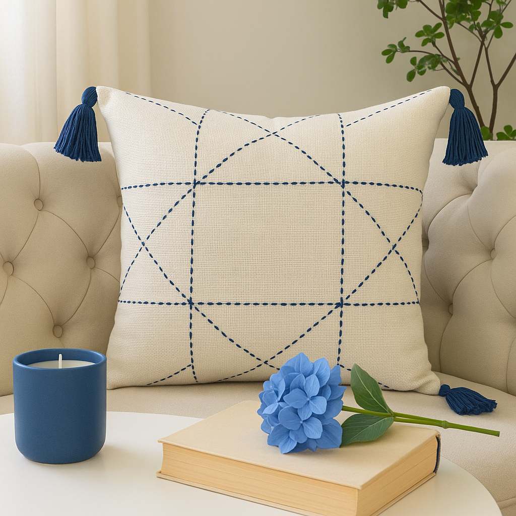 Lattice Cushion (Off-white with Dark Blue Embroidery)