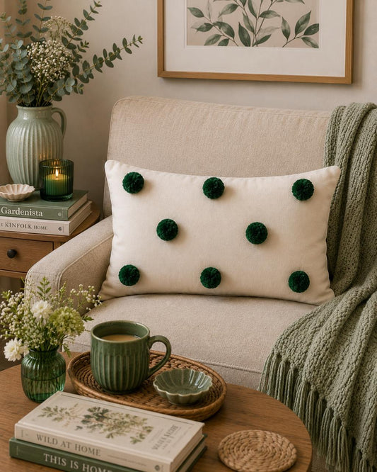 Pom Poms Cushion (Off-white with Dark Green)
