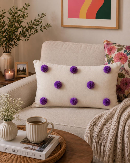 Pom Poms Cushion (Off-white with Dark Purple)
