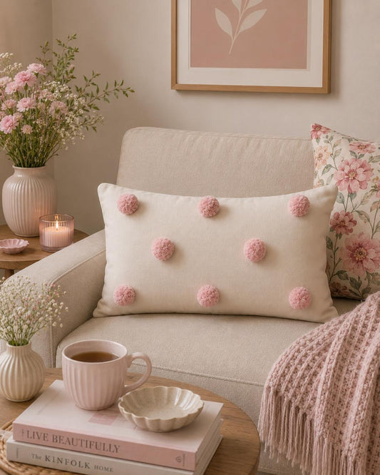 Pom Poms Cushion (Off-white with Light Pink)