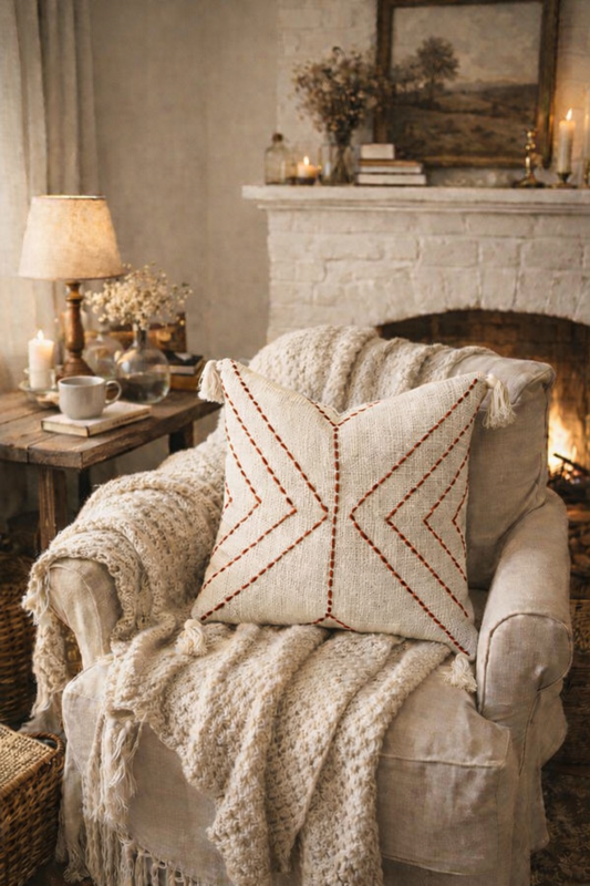 Arrowline Cushion (Off-white with Rust Embroidery)