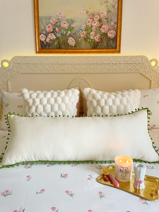 Lumbar Cushion - Off white with Sage Green Pom Pom Lace