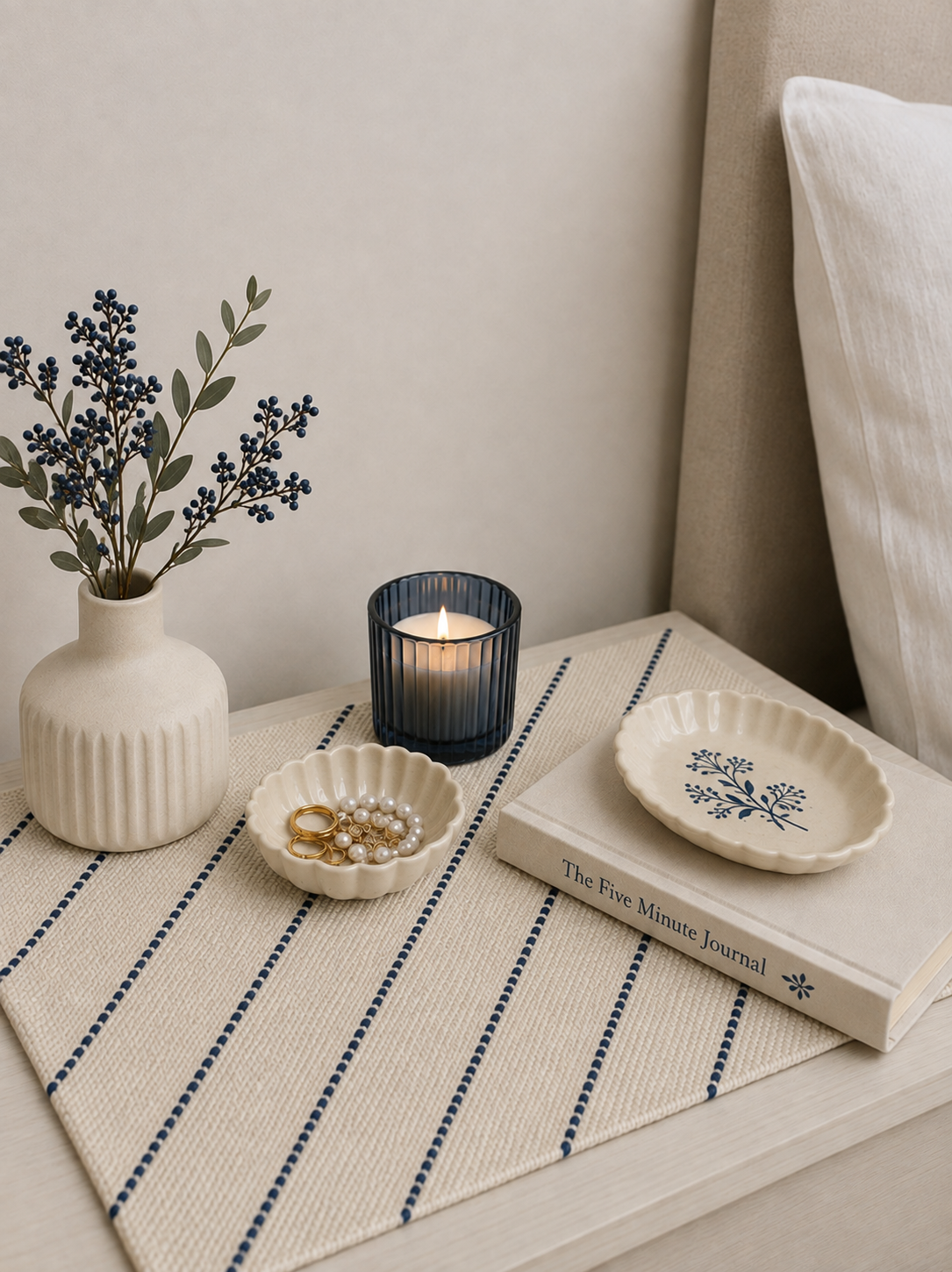 Embroidered Table Mat (Off-white with Dark Blue Diagonals)