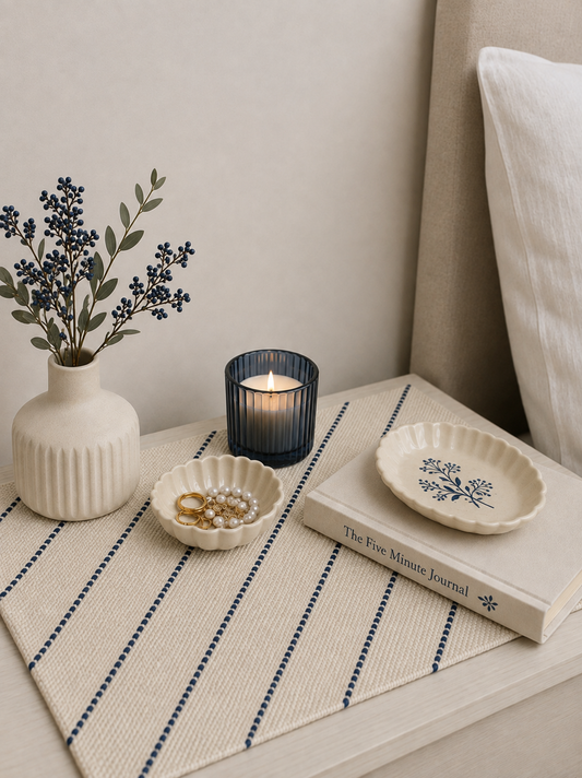 Embroidered Table Mat (Off-white with Dark Blue Diagonals)