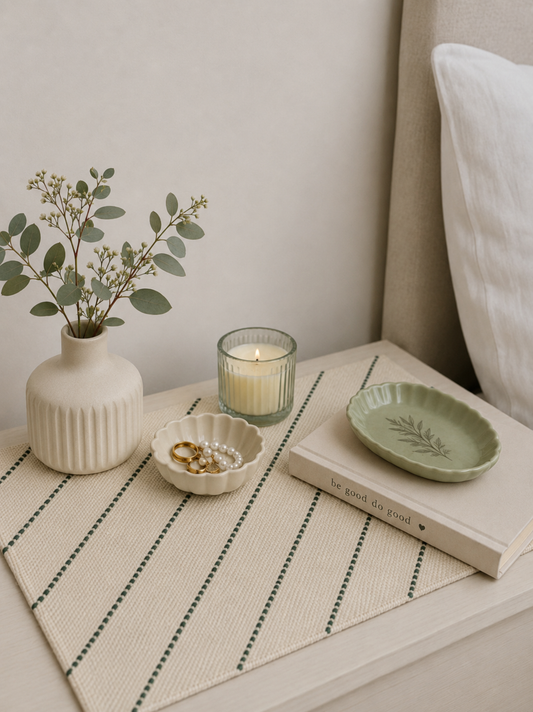 Embroidered Table Mat (Off-white with Dark Green Diagonals)