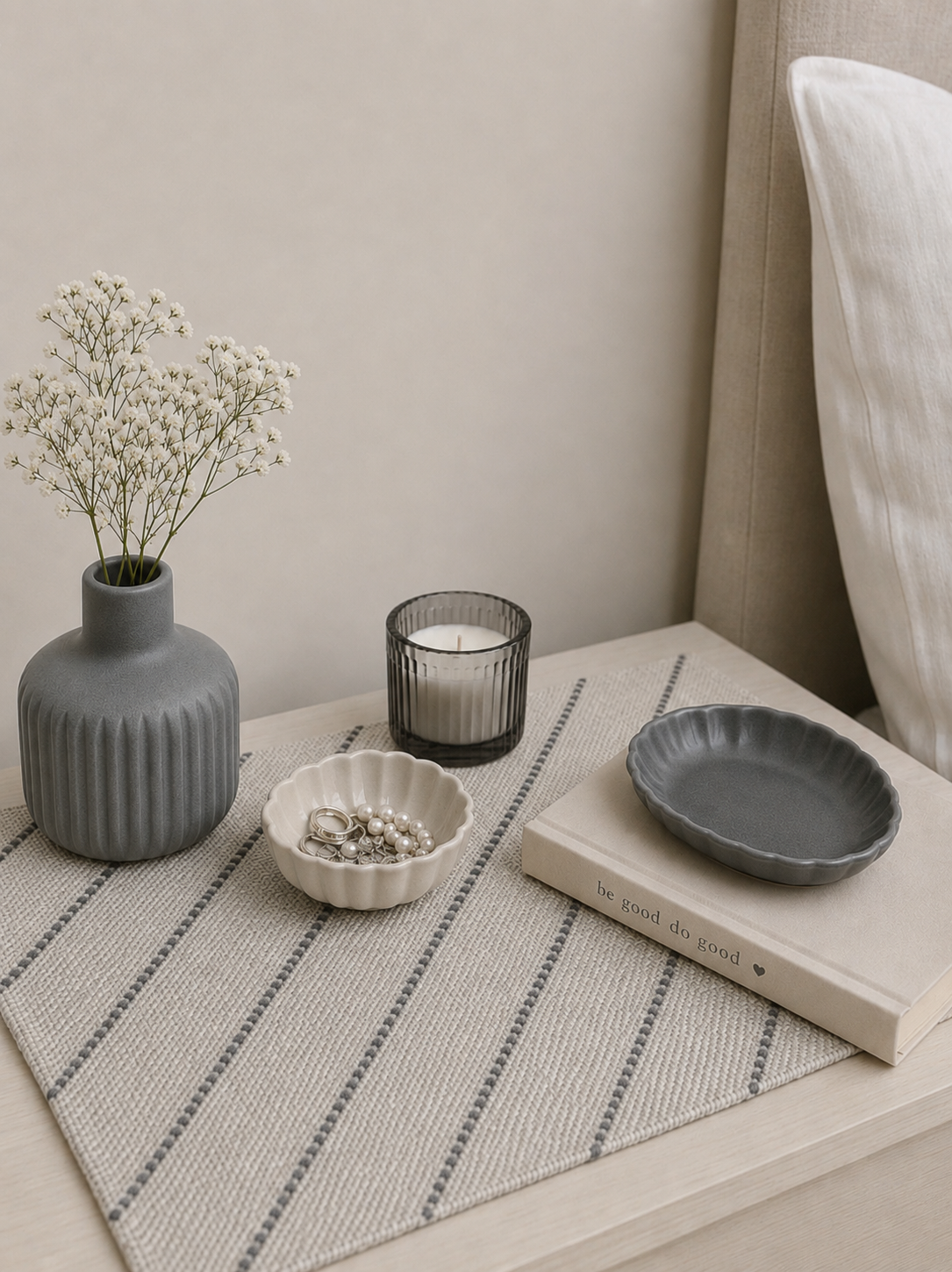 Embroidered Table Mat (Off-white with Gray Diagonals)