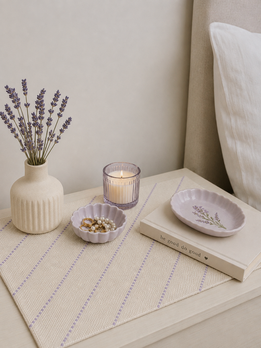 Embroidered Table Mat (Off-white with Light Purple Diagonals)