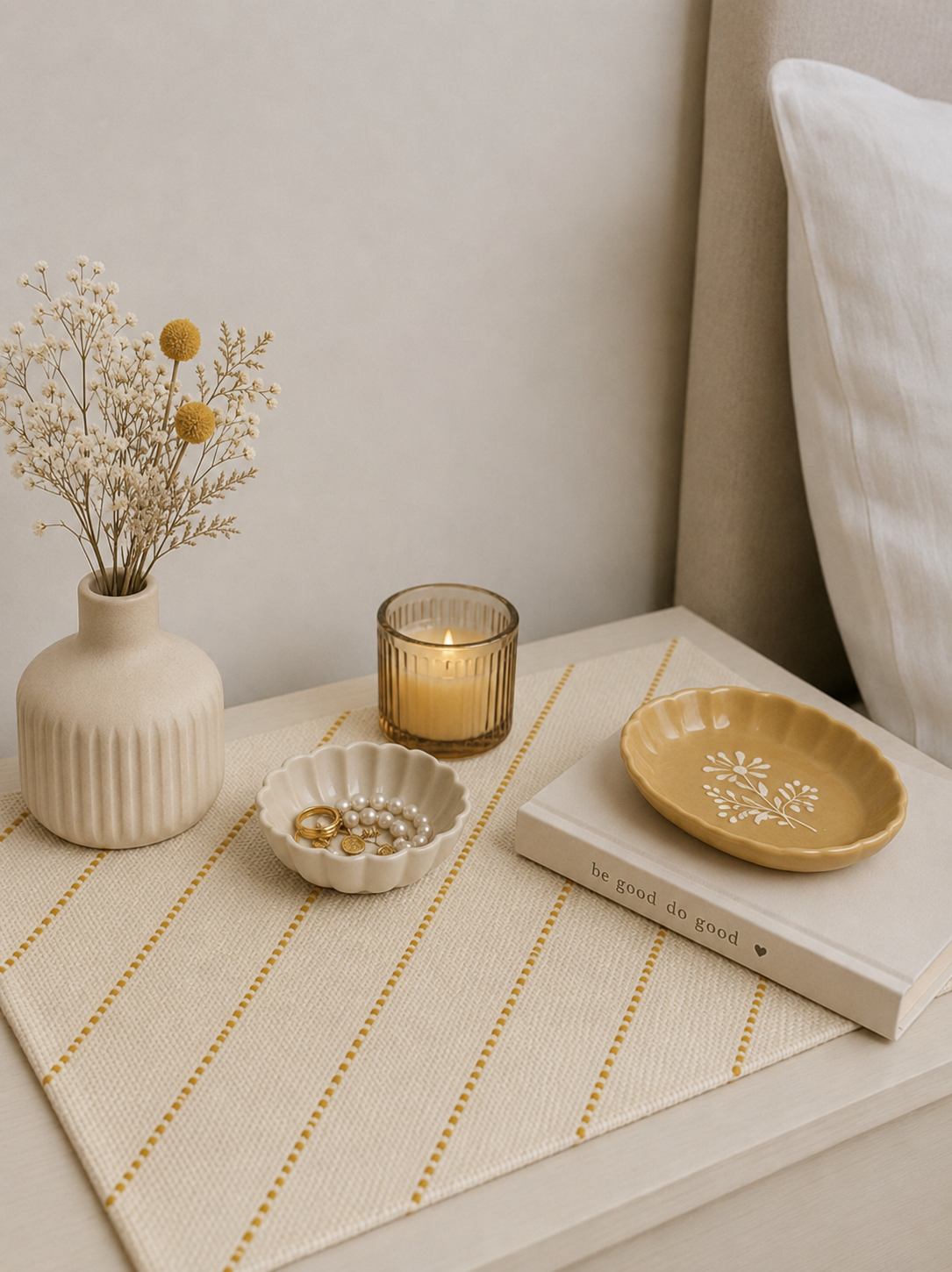 Embroidered Table Mat (Off-white with Mustard Diagonals)