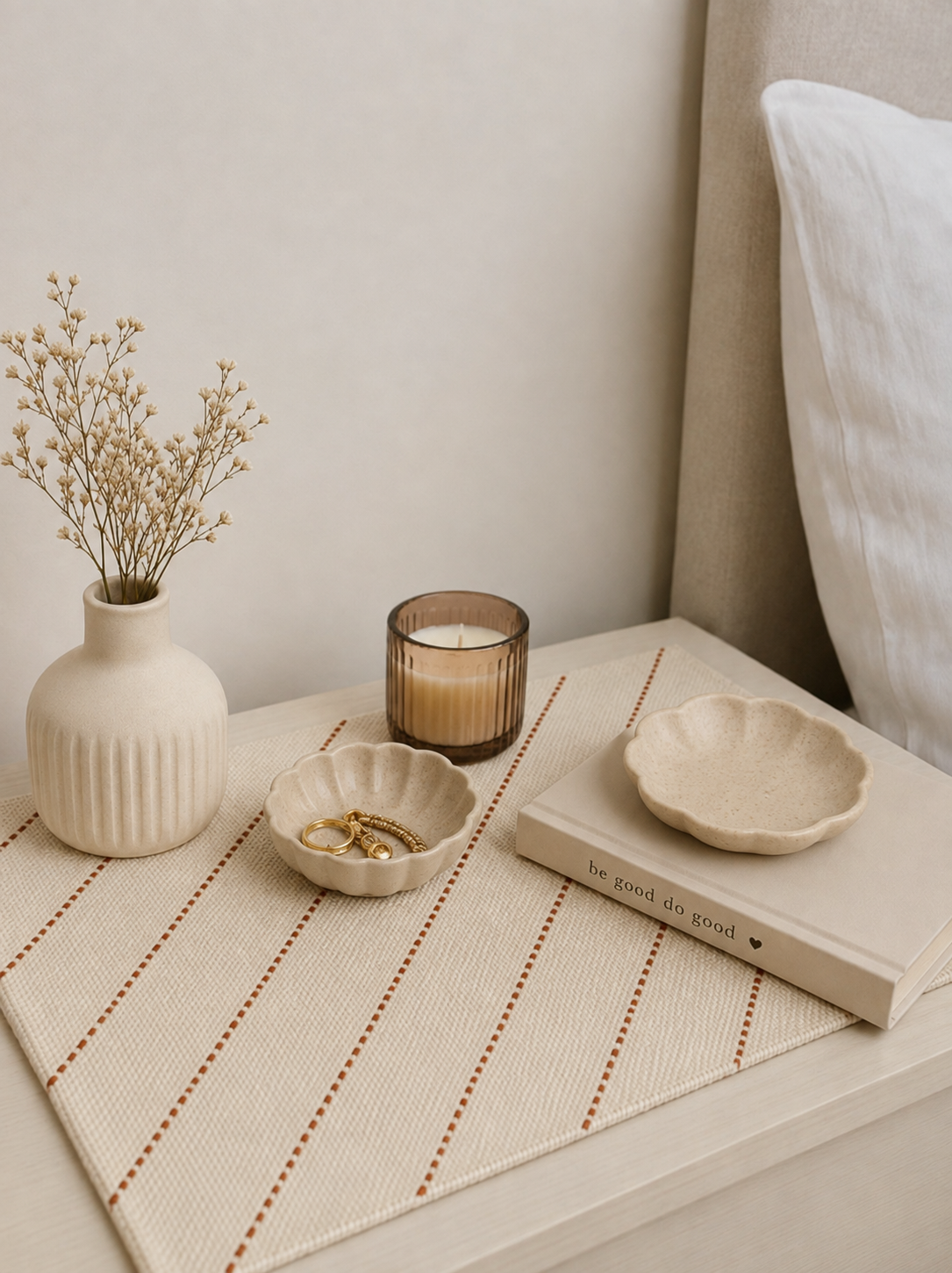Embroidered Table Mat (Off-white with Rust Diagonals)