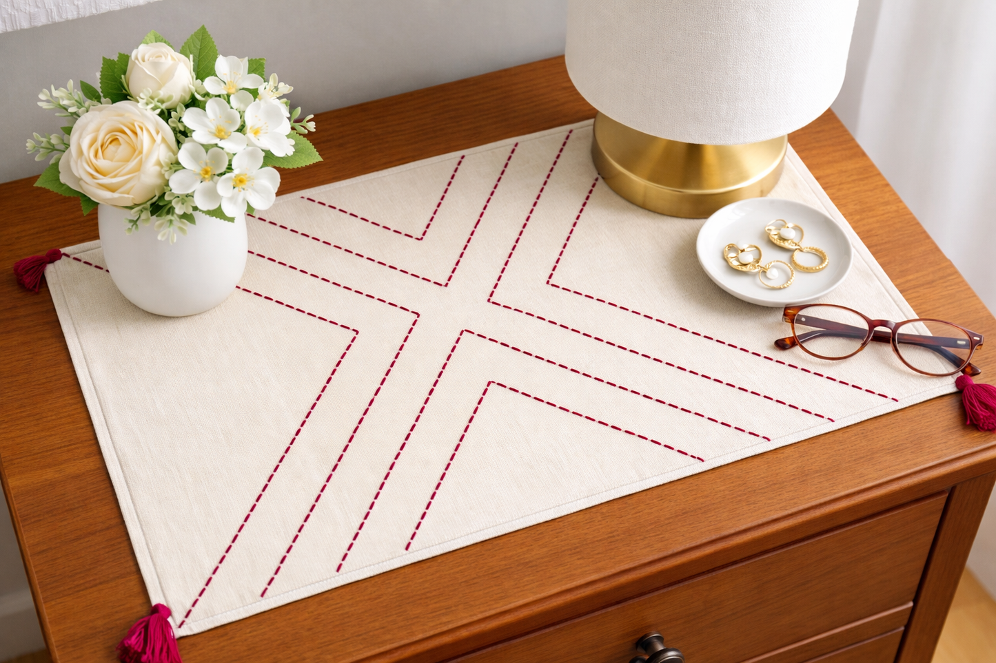 Embroidered Table Mat (Off-white with Dark Pink)
