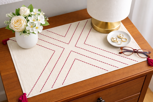 Embroidered Table Mat (Off-white with Dark Pink Cross)