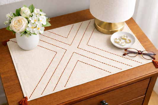 Embroidered Table Mat (Off-white with Rust Cross)