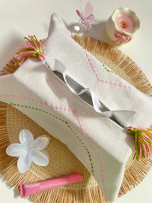 Off-white Tissue Box Cover with Green & Pink Embroidery