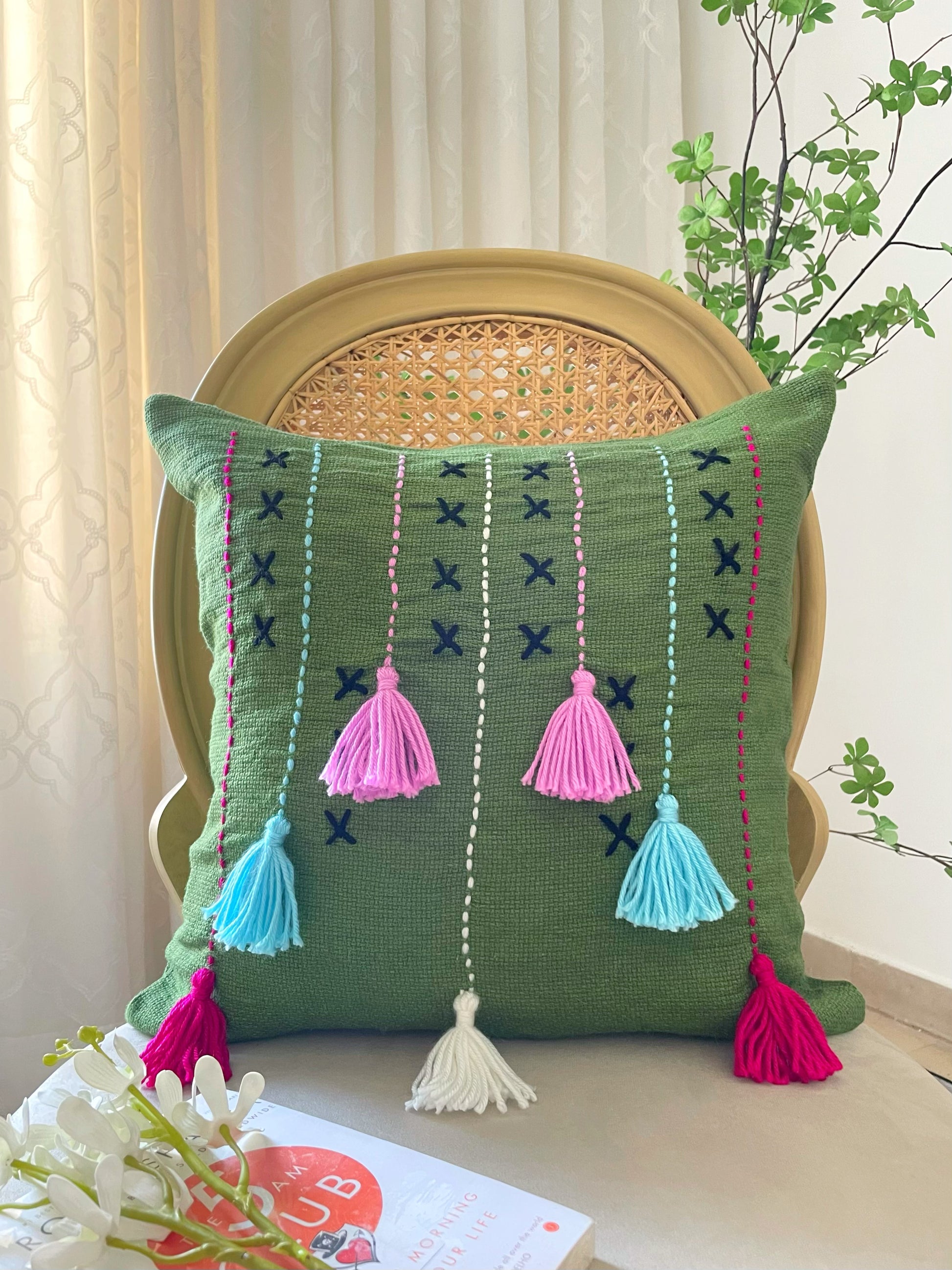 Olive Green Embroidered Cushion