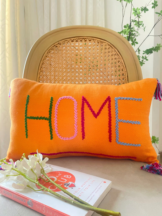 Orange Cushion with 'HOME' Letters Embroidery