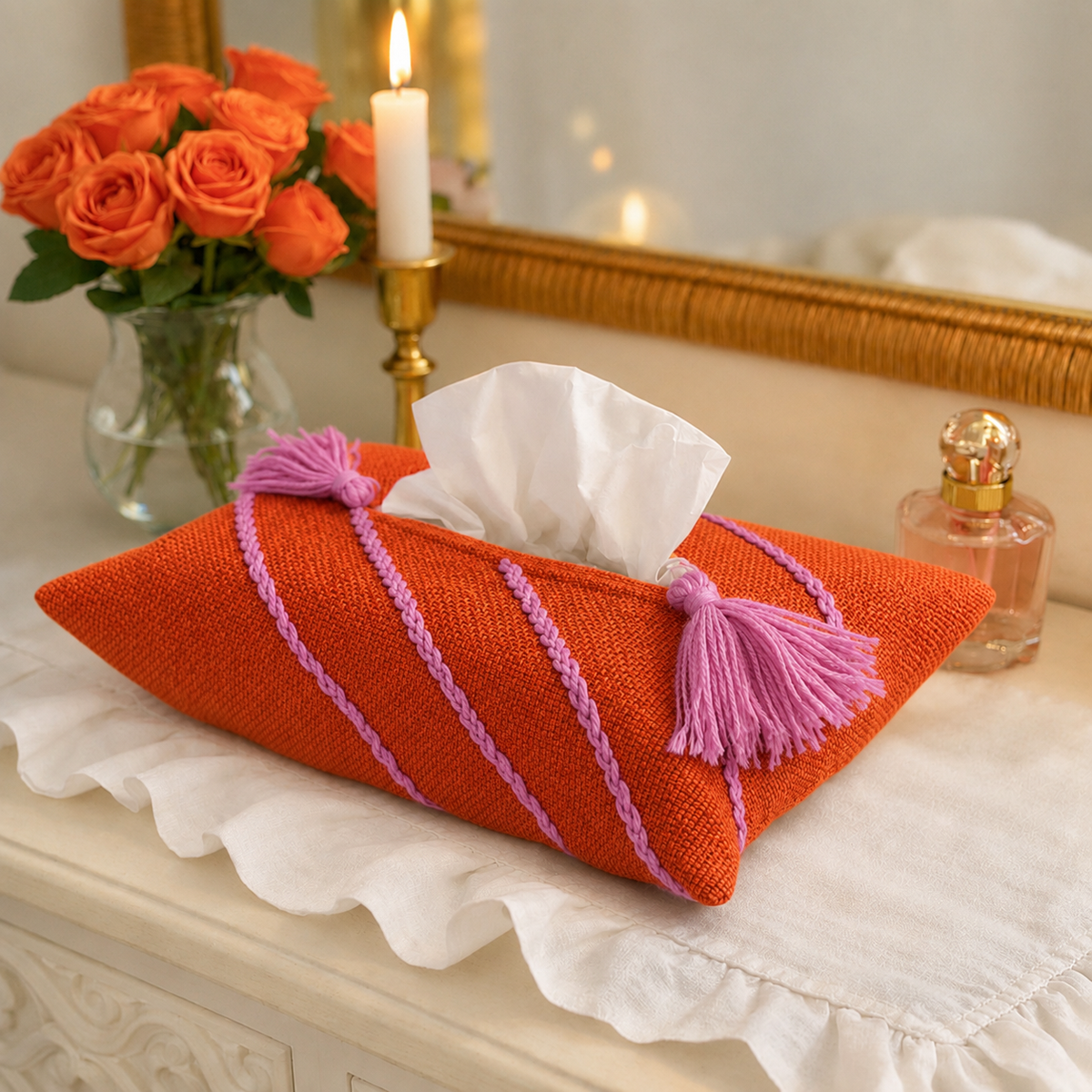 Orange Tissue Box Cover with Purple Embroidery