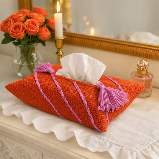Orange Tissue Box Cover with Purple Embroidery