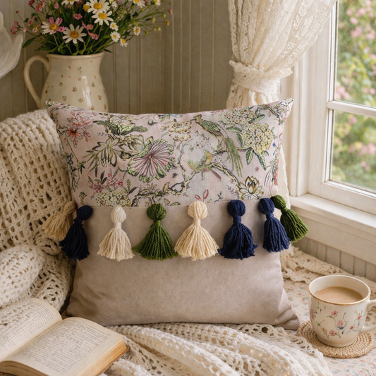 Printed-Plain Cushion with Tassels (Pastel Chanel)