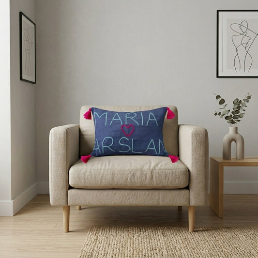 Personalized Two-Name Embroidered Cushion (Dark Blue)