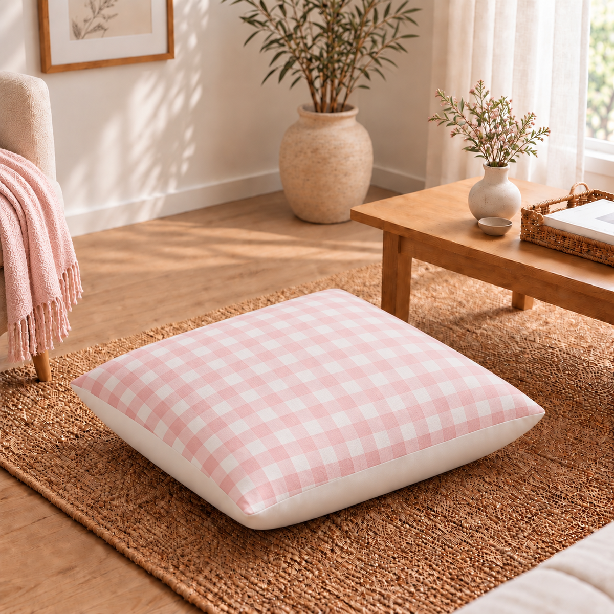 Floor Cushion Cover - Pink Gingham