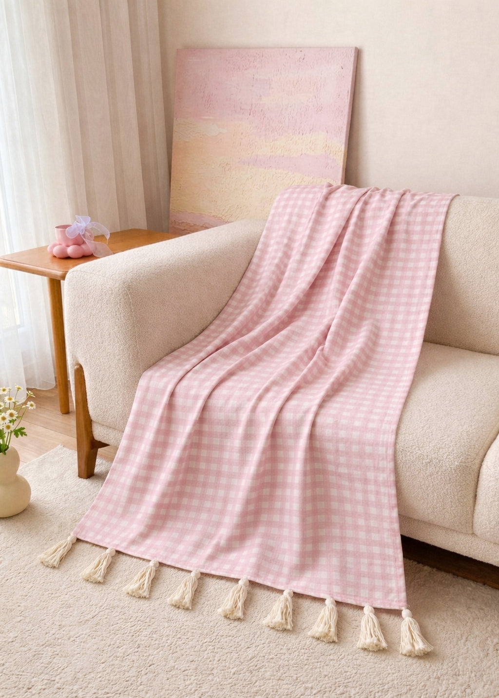 Pink Gingham Throw Blanket