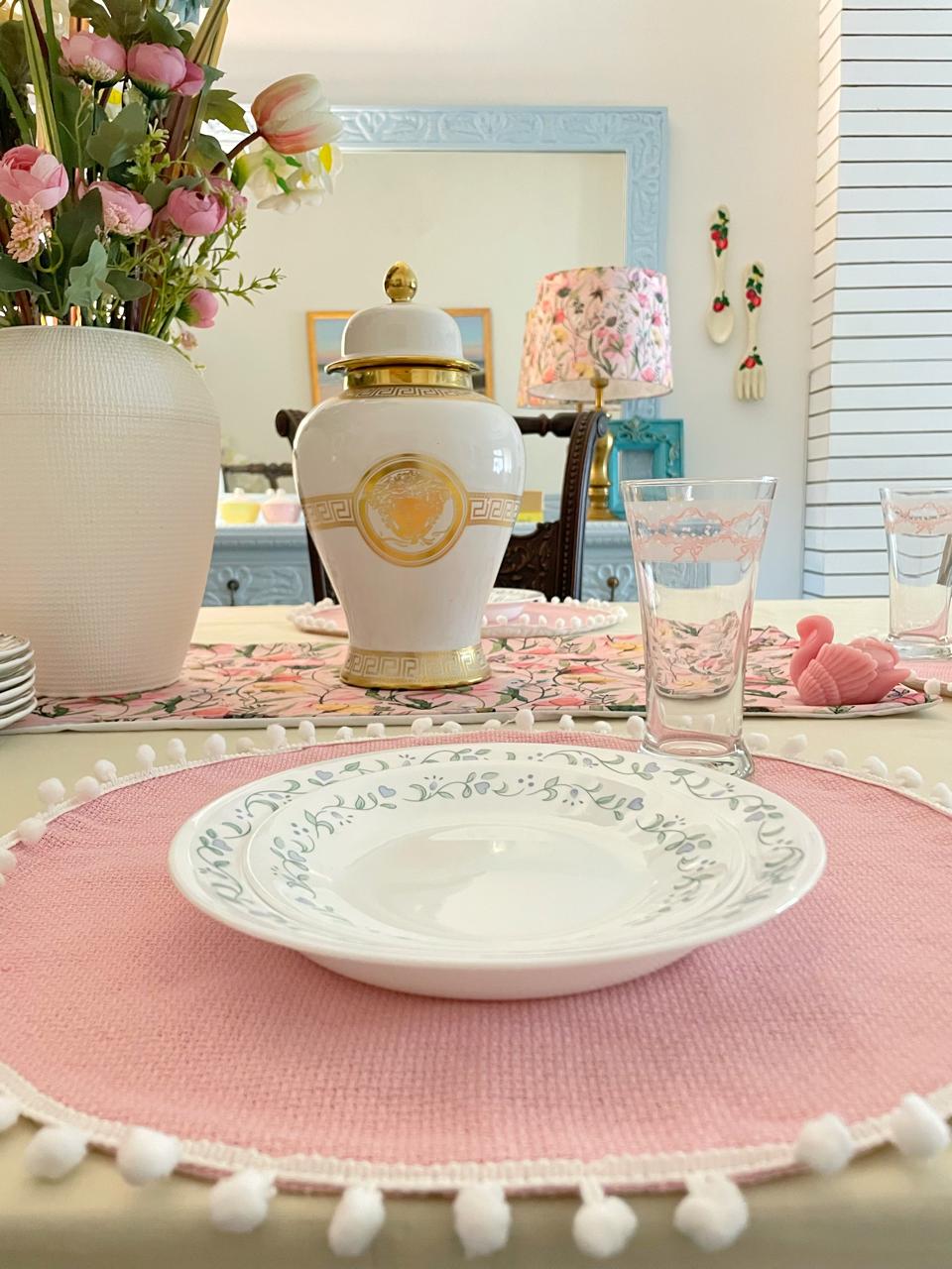 Pink Round Table Mat with Pom Pom Lace