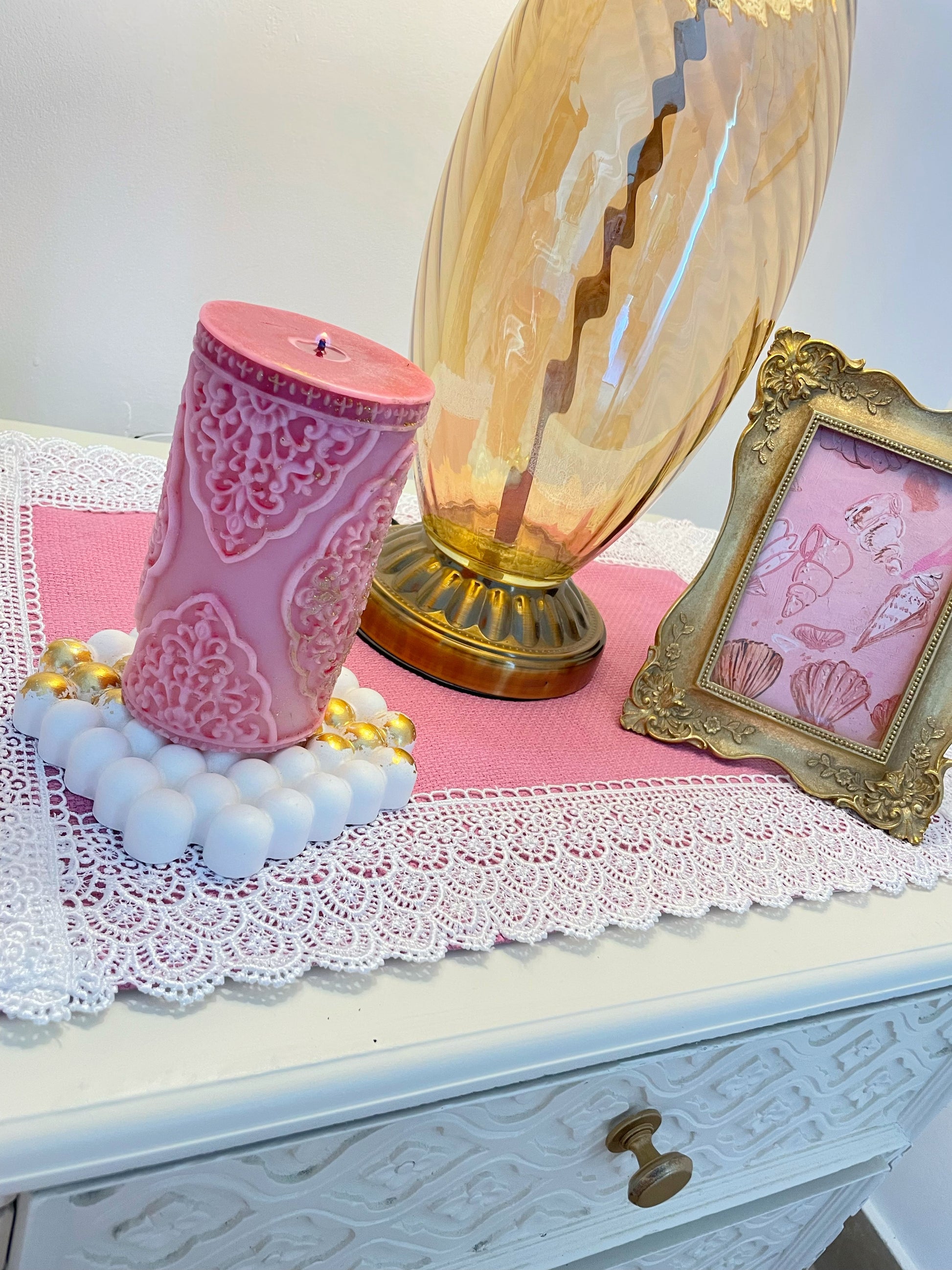 Pink Table Mat with Crochet Lace