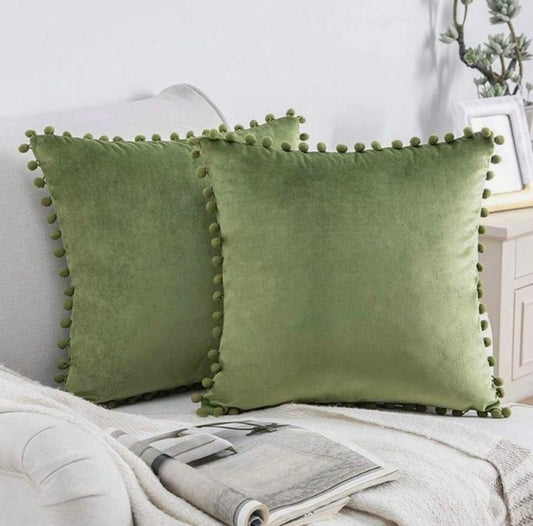 Plain Sage Cushion with Sage Pom Pom Lace