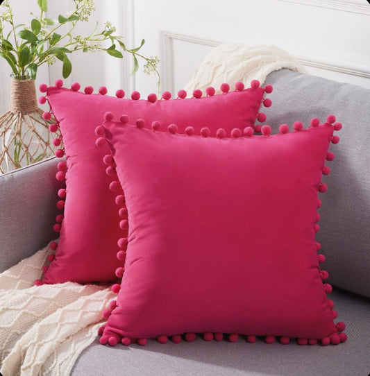 Plain Dark Pink Cushion with Dark Pink Pom Pom Lace