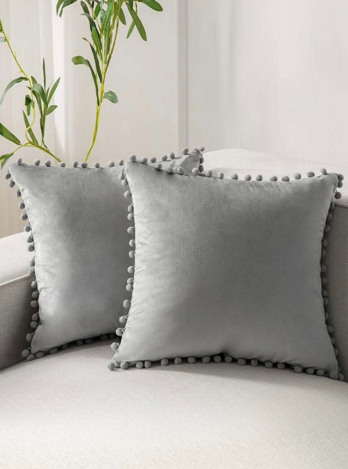 Plain Gray Cushion with Gray Pom Pom Lace
