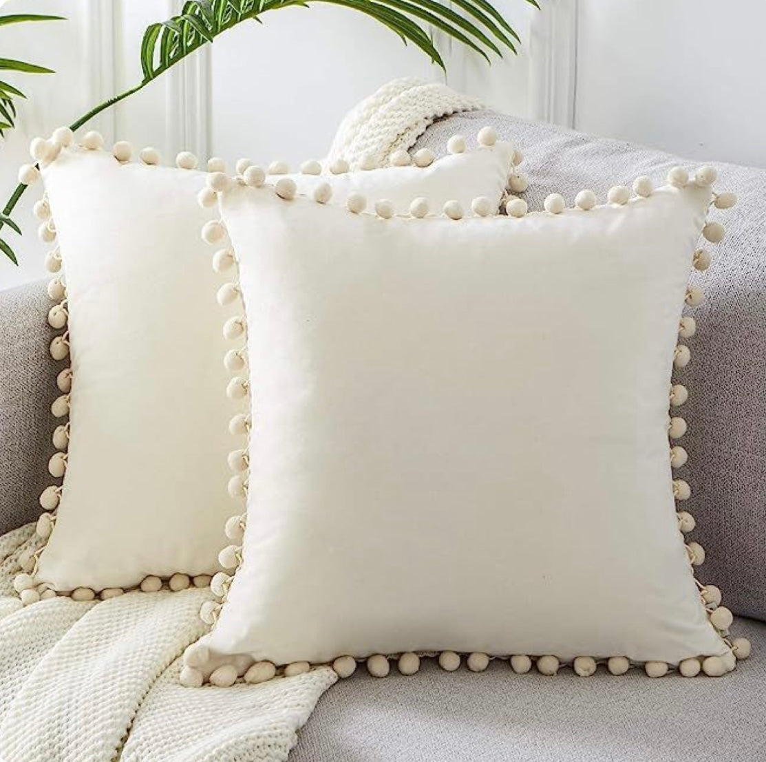Plain Off-White Cushion with Off-White Pom Pom Lace